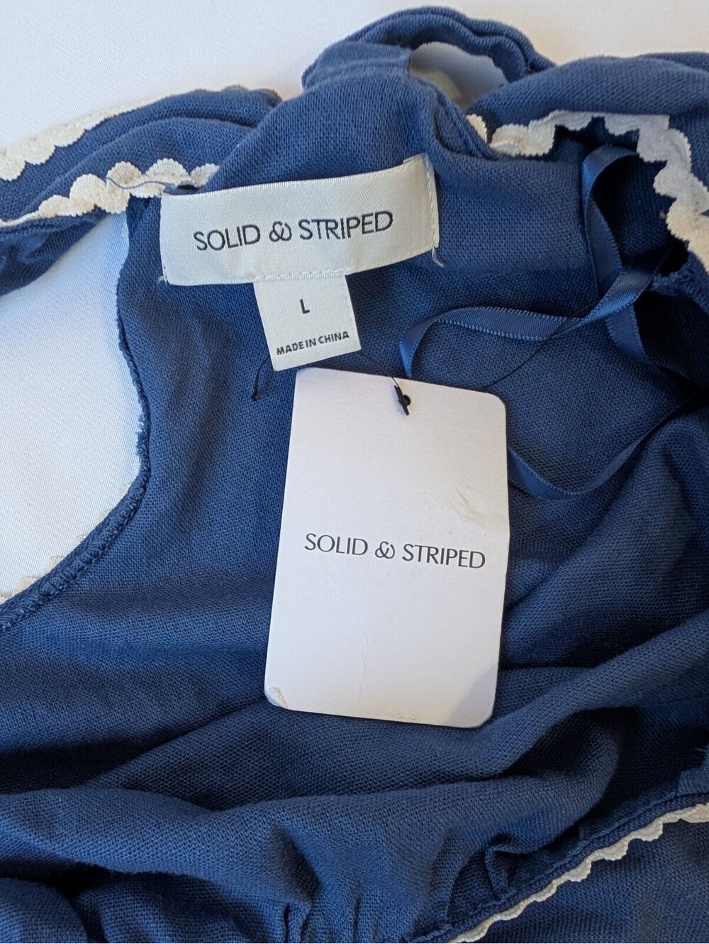 Solid & Striped Blue Linen Blend Ruffle Tank Top Ric Rac Trim Large - Picture 3 of 9